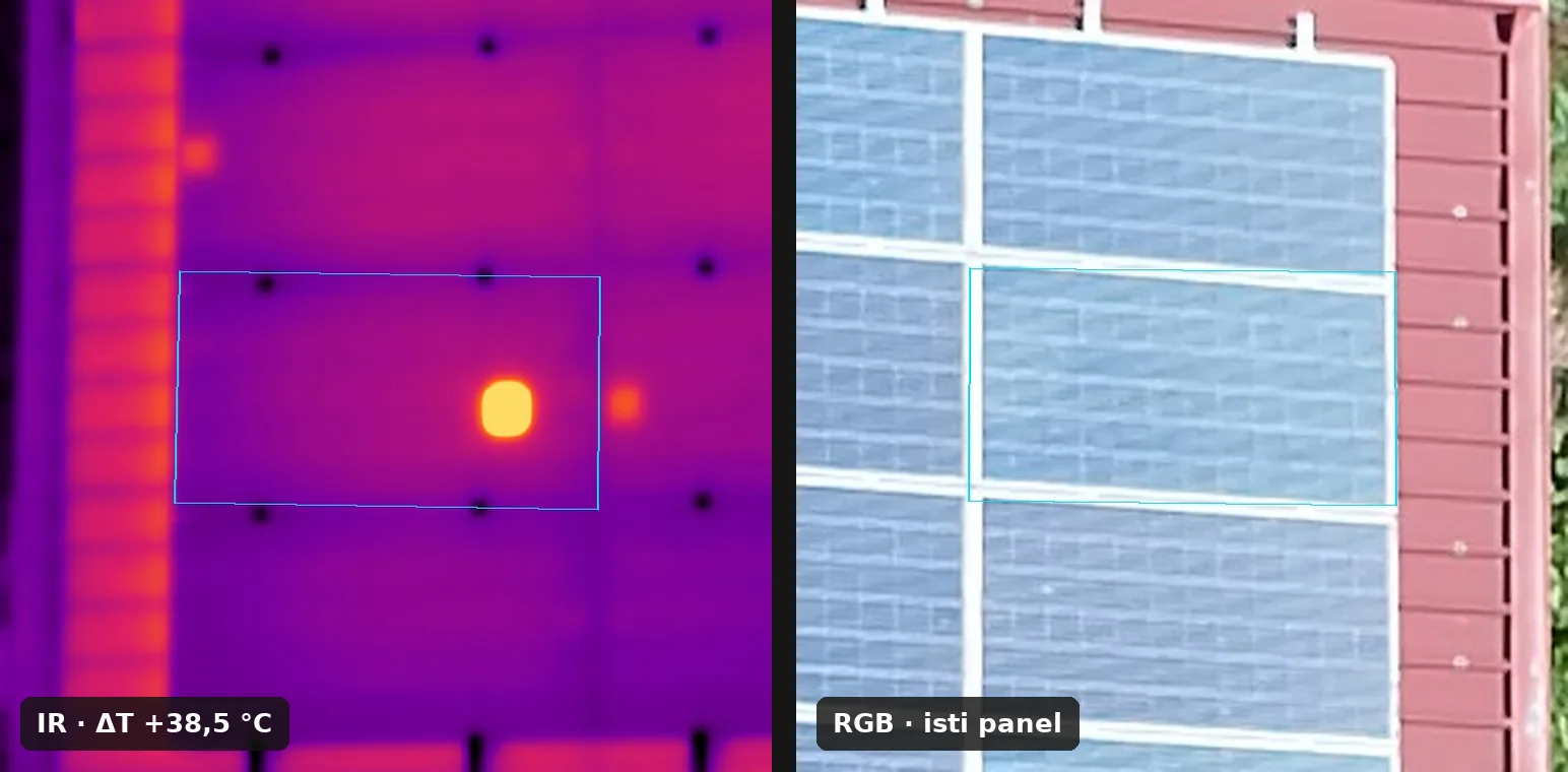 Termalni i RGB prikaz istog solarnog panela s vrućom točkom na jednoj ćeliji