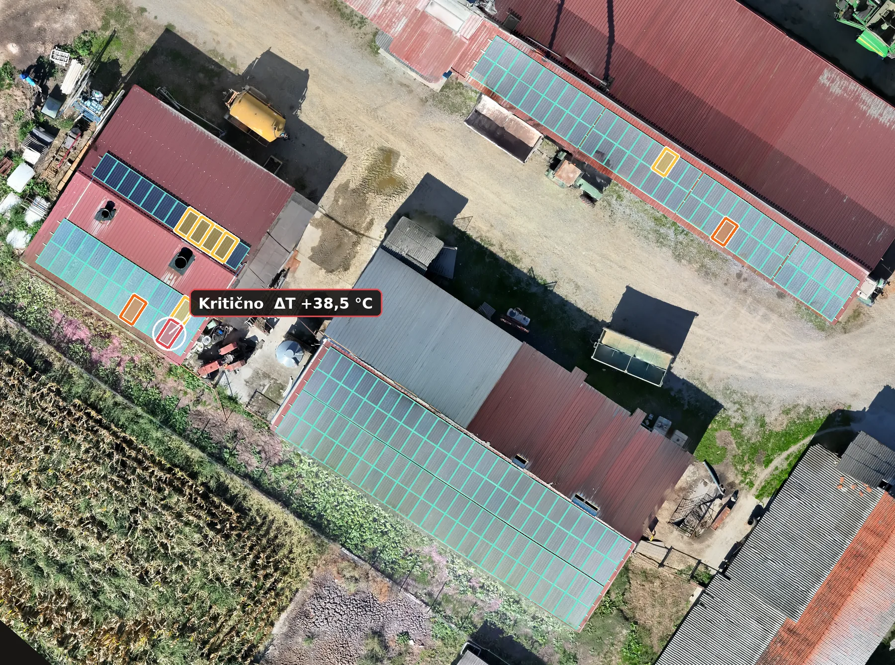 RGB ortofoto krovne elektrane s AI detekcijom svakog panela